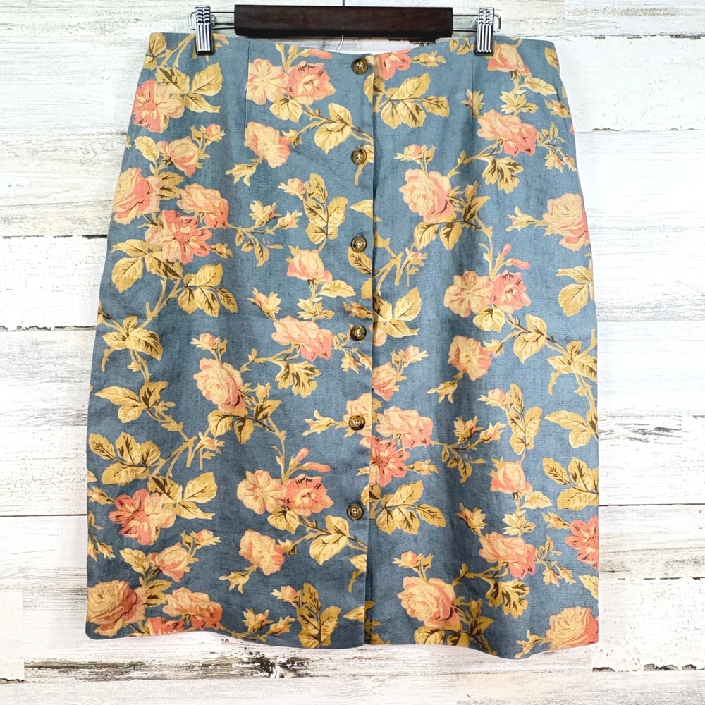Orvis Women's Size 16 Blue Floral 100% Linen Button Front Knee Length Skirt